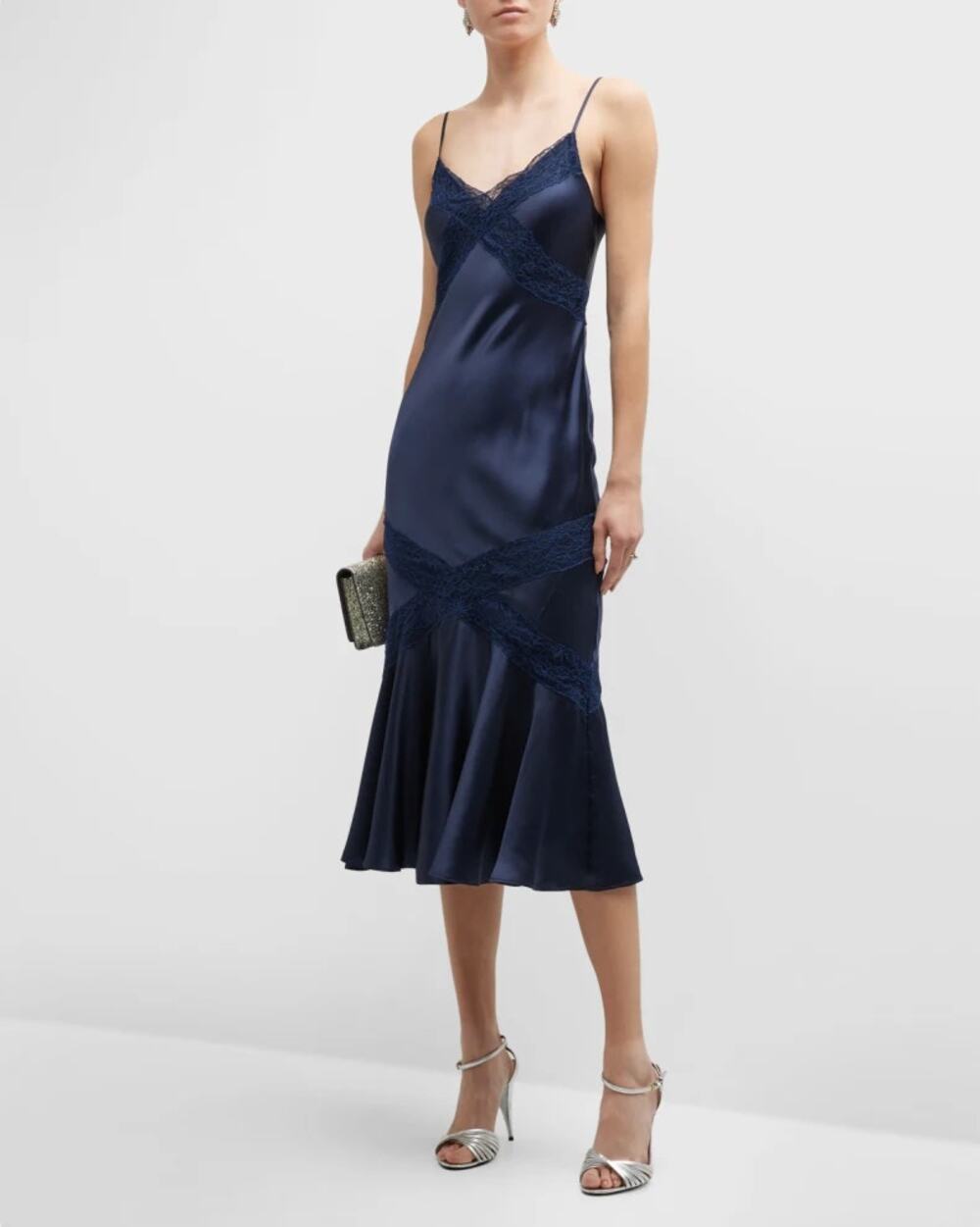 Cami NYC Dagon Bias-Cut Lace Panel Silk Midi Slip Dress Navy Blue Women's XXS